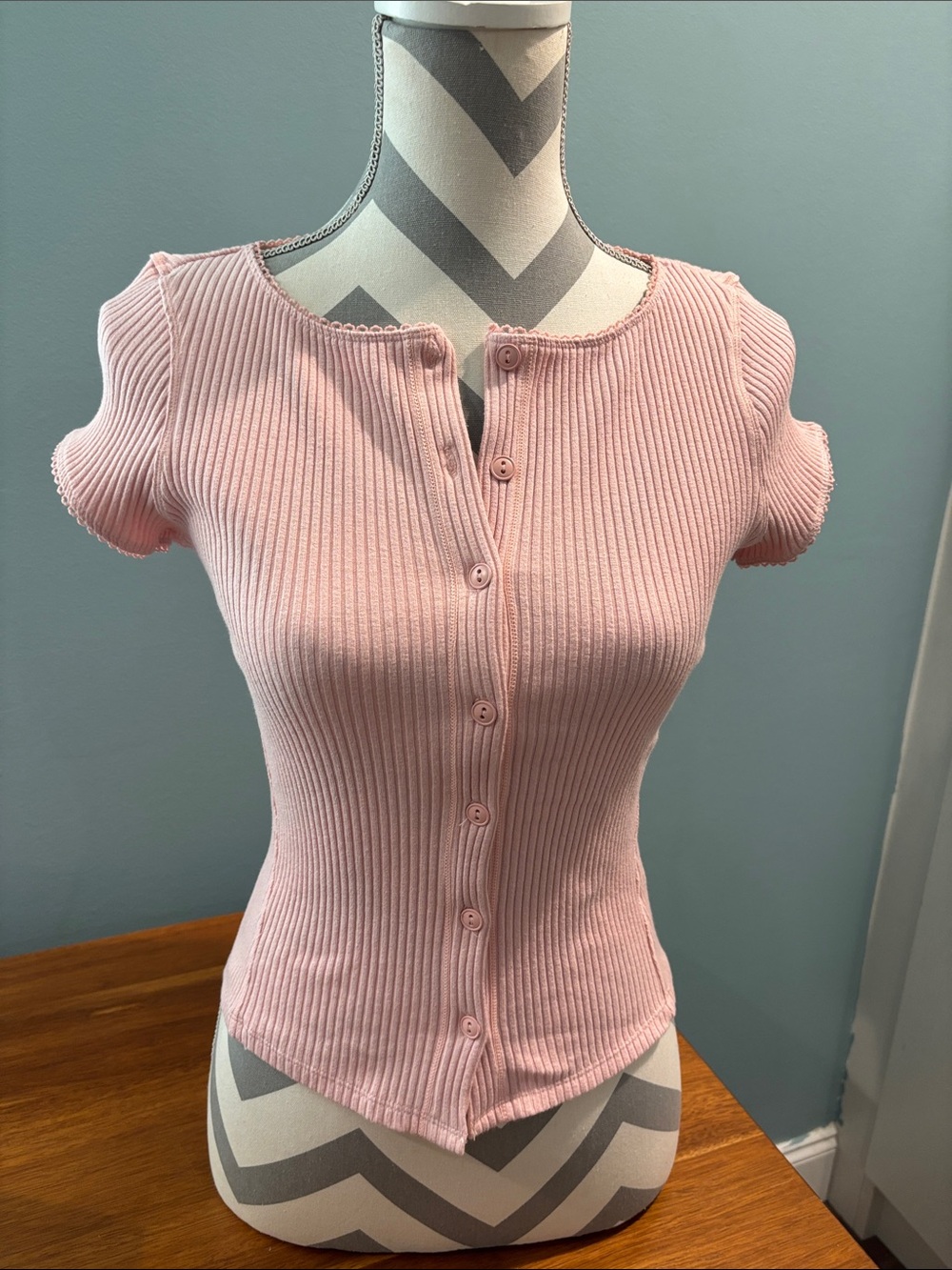 Free People Ribbed Button-Front Short Sleeve Top in Blush Pink